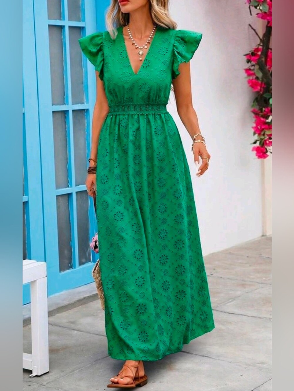 New Embroidered Eyelet Lace Ruffle Sleeve Tie Back Maxi Dress Green - Picture 8 of 10